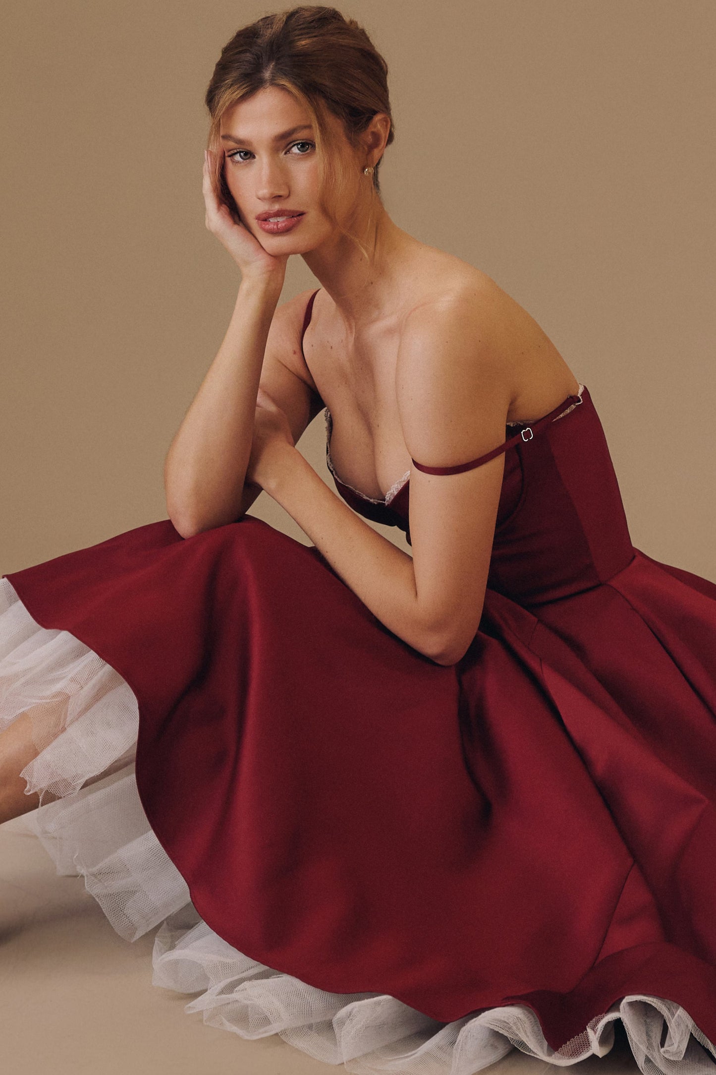 Burgundy Satin Corset Midi Dress